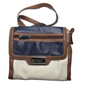 Vtg CHAPS‎ Crossbody Purse Colorblock Pebbled Faux Leather Navy/Cream/Brown